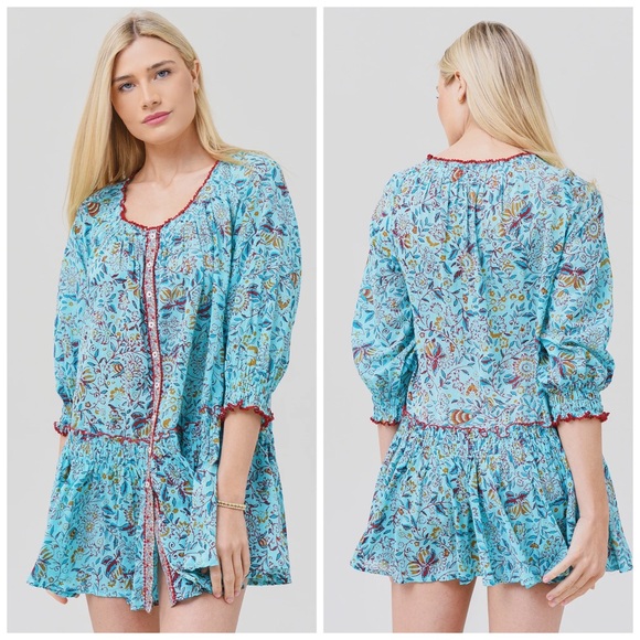 Poupette St Barth Tesorino Mini Dress Aqua Blue Floral Medium Small‎